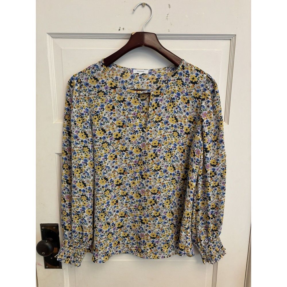 Pleione Floral Print Blouse Smocked Sleeves‎ Size M